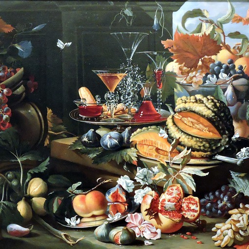 Un dipinto in cui sono raffigurati frutta e verdura di stagione
